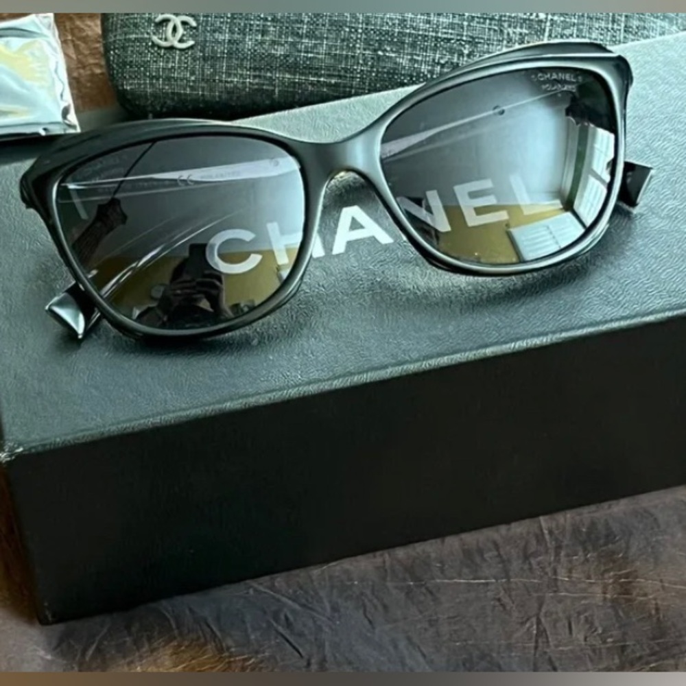 Black Chanel sunglasses 5384-A with quilted Chanel case.